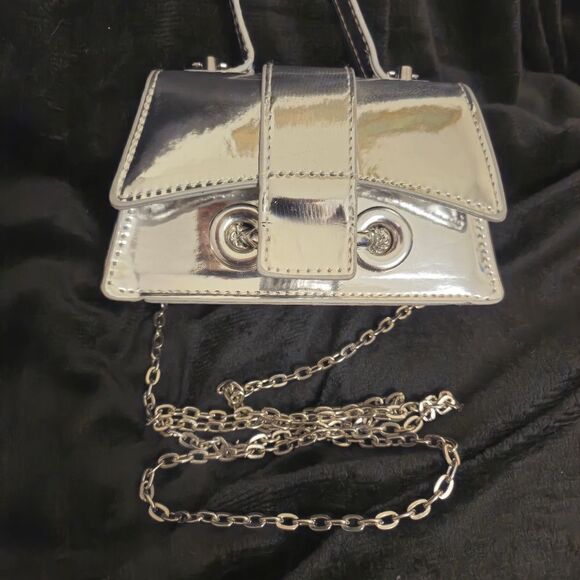 Silver Chrome Mini Bag with Chain Strap and Flap Closure - Picture 4 of 8